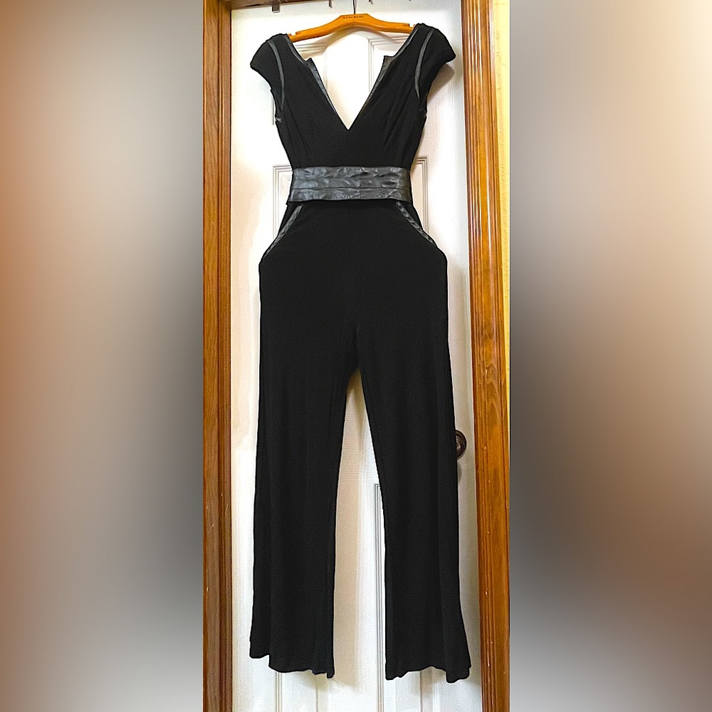 Bebe Black Jumpsuit Sleeveless Faux Leather Trim Belted Wide Leg